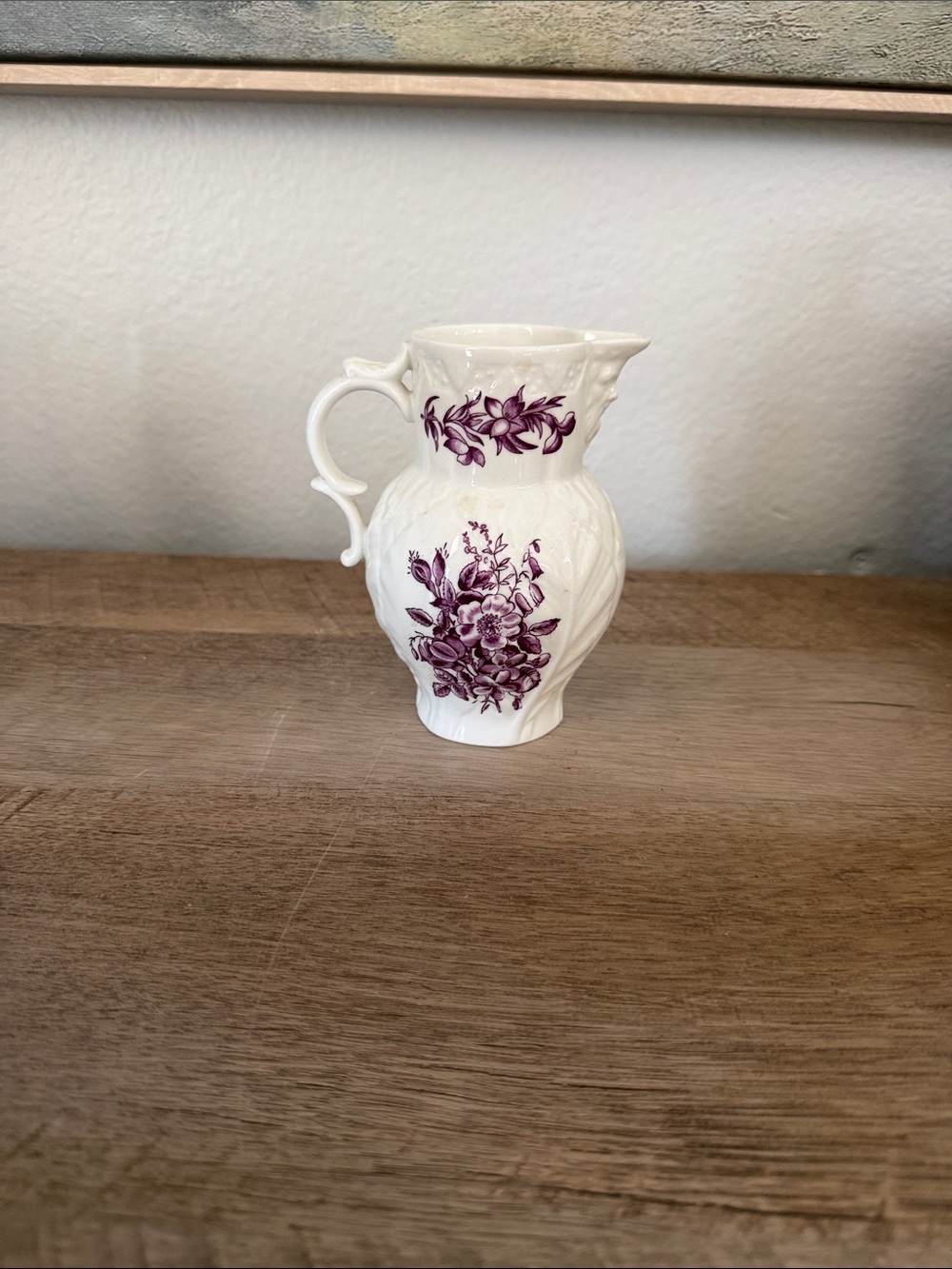 Classic White Small Ceramic Pitcher with Purple Floral Motif
